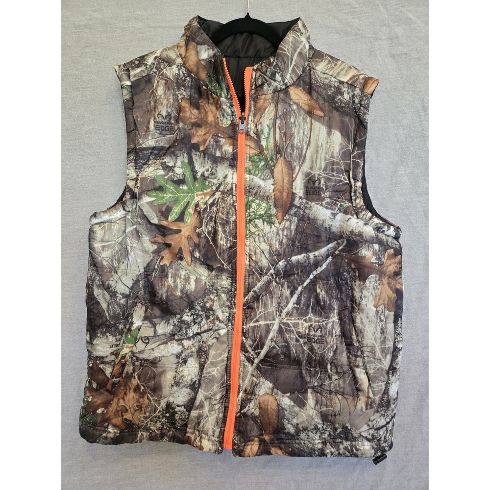 Realtree Edge Reversible Puffer Vest Mens Medium Camo Black Orange Zip Hunting